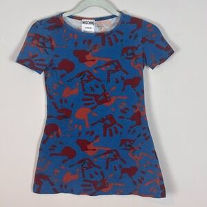 Moschino Junior Girls Blue Handprint Cotton Short Sleeve Dress Italian sz 26/5T